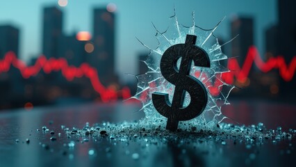 Shattered dollar symbol amidst cityscape with red graph display