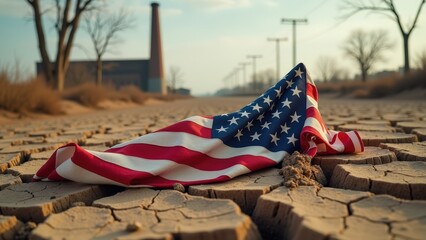 American flag on cracked earth in industrial landscape depicting environmental concern