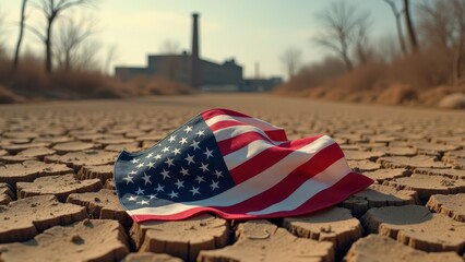 American flag on drought-cracked ground in industrial landscape
