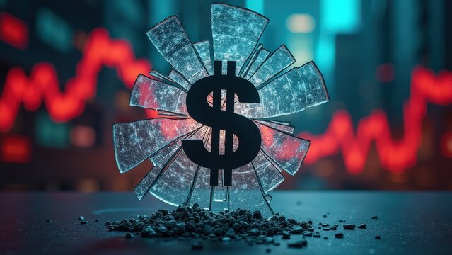 Dollar sign breaking through glass in financial market setting with red graph curve - Powered by Adobe