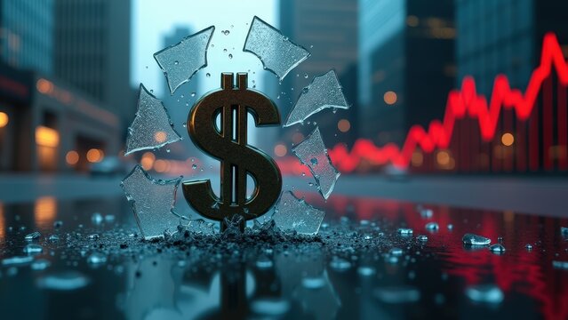 Shattered glass with dollar sign and rising graph in financial district