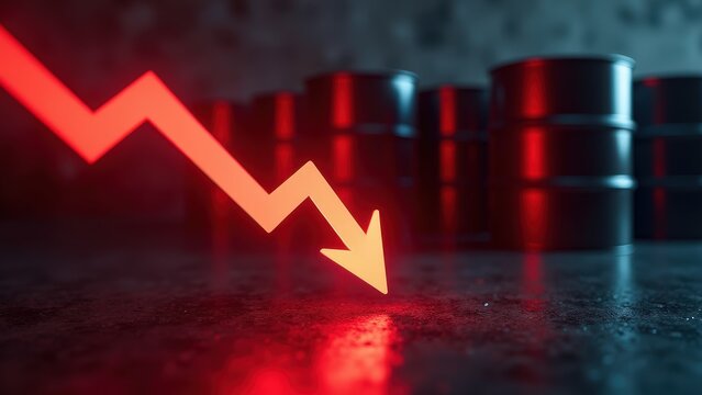 Falling red arrow indicating oil price decline with background barrels