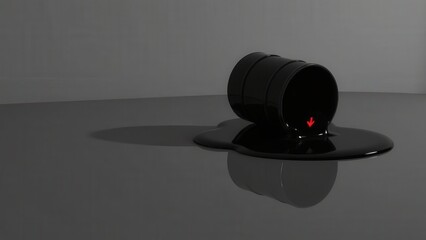 Black oil barrel on side spilling liquid with reflection on surface