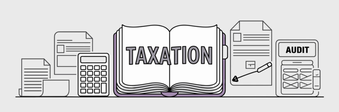 Clean outline vector illustration of ledger book with "TAXATION" text – Ideal for financial planning, tax education, or professional finance content.