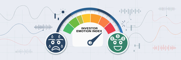 Stylized investor emotion index with fluctuating needle and contrasting fear and greed faces – Perfect for finance, market sentiment, or investment content.