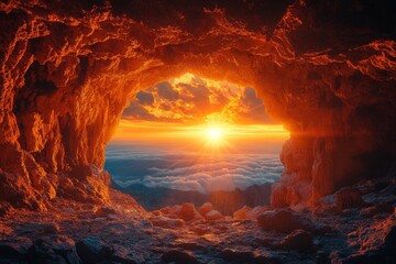 Fototapeta premium Sunrise illuminating cave entrance mountainous landscape nature photography majestic viewpoint concept