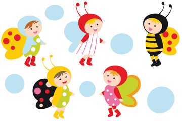 Naklejka premium Cute Kids in Bug Costumes Vector | Children Dressed as Ladybugs, Bees & Butterflies, A Delightful Vector illustration of Children in Colorful Bug Costumes