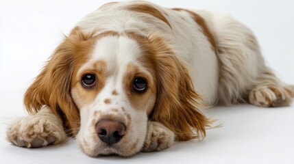Bursting with energy, the young English Cocker Spaniel strikes a playful pose, its white and brown coat glowing against the clean white background.

