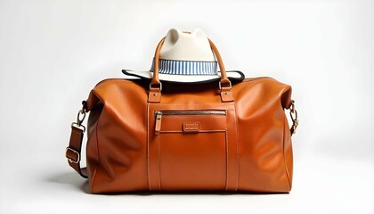 A brown leather duffel bag with a white hat on top. The bag has a rectangular shape with a top handle and a zipper closure. There are two straps on either side of the bag, one on top of the other.