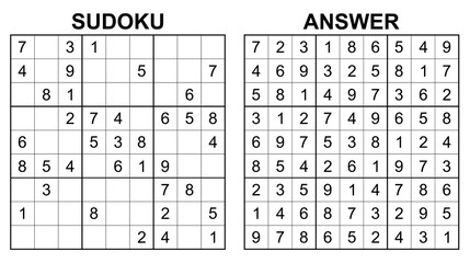 Vector sudoku with answer 33. Educational game with numbers for kids and leisure for adult on white background.	