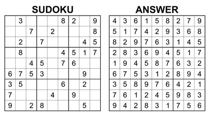Vector sudoku with answer 28. Educational game with numbers for kids and leisure for adult on white background.	