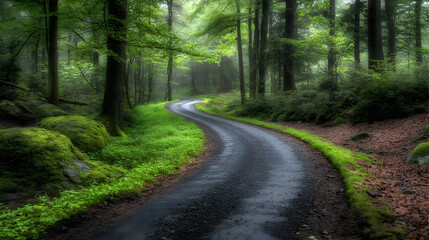 Winding Wet Forest Road In Lush Green Woods