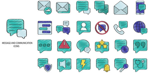 Message and communication simple concept 24 hand drawn color icons set. Contains such talking, speech bubble, online messaging, communication, speech .Vector illustration.