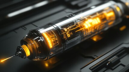 A futuristic syringe glowing with internal digital circuitry and lights