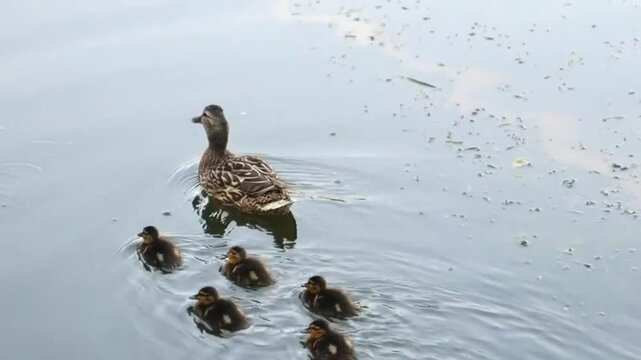 Wild brown mallard duck and young ducklings swim in the lake water, a beautiful nature scene