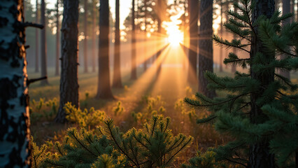Pine Trees and Sunlight in Forest