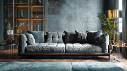 A plush gray sofa with button tufting sits in a modern living room, accented by a brass floor lamp and a stylish shelving unit. The room's moody ambiance is enhanced by the teal walls and rug.