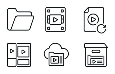outline vector icons of video archive: folder icon, old clip, backup file, labeled drive, video collection, storage cloud, categorized icon, archive box. set of line style icons in a modern,
