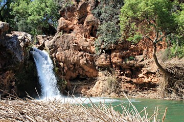 Cascata do Pego do Inferno in Algarve. Portugal. Showcasing turquoise waters, rugged rocky cliffs and a dense layer of dry reeds in the foreground