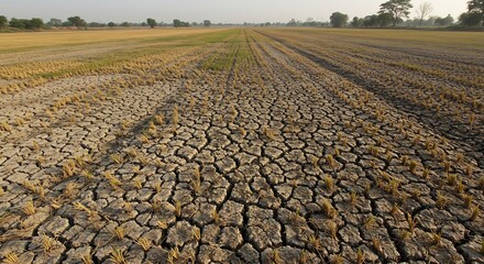 乾いた大地、ひび割れた土壌、夕陽の柔らかい光
