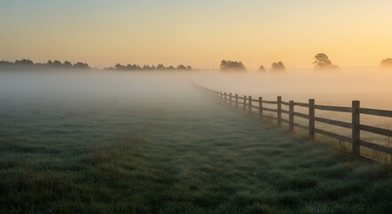 Obraz premium 静寂な朝霧、柔らかな光が包む牧場風景