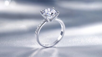 Elegant Diamond Ring with Brilliant Cut Gemstone and Sparkling Silver Band Against Blurred Background