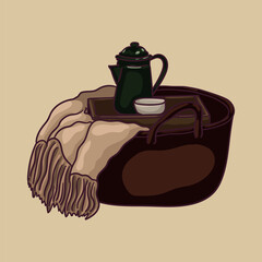 Basket with kettle and blanket
