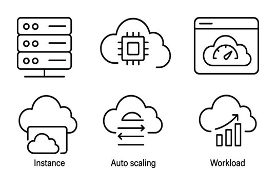 outline vector icons of cloud computing: server icon, cloud processor, virtual machine, compute power, instance icon, elastic server, auto scaling, workload icon. set of line style icons in a modern,