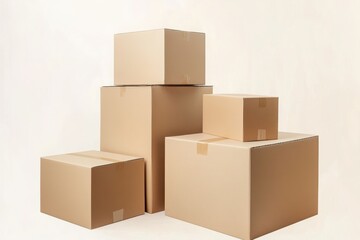 Stack of cardboard boxes of varying sizes against a neutral backdrop
