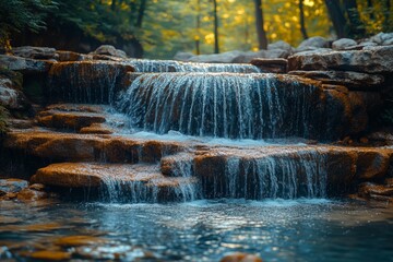 Cascading waterfalls flowing through forested landscape nature scene serene captivating viewpoint