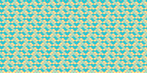 Vibrant pastel geometric pattern.  Seamless texture of interconnected hearts in teal, yellow, and peach. Ideal for textile design, website backgrounds, or playful branding.