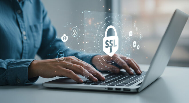 Secure online experience Person using laptop with SSL encryption digital security padlock