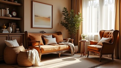 The stylish ethnic composition at living room interior with wicker baskets.