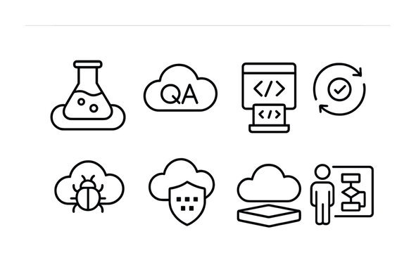 outline vector icons of cloud testing: test flask, QA cloud, unit test icon, test cycle, bug cloud, test coverage, sandbox cloud, run scenario. set of line style icons in a modern, minimalist design.