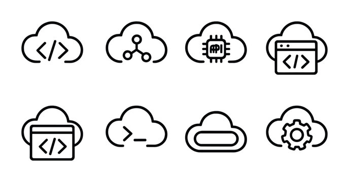 outline vector icons of cloud development: code cloud, repo icon, API cloud, dev environment, remote editor, terminal cloud, deploy button, code test. set of line style icons in a modern, minimalist