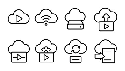 outline vector icons of video archive: folder icon, old clip, backup file, labeled drive, video collection, storage cloud, categorized icon, archive box. set of line style icons in a modern,