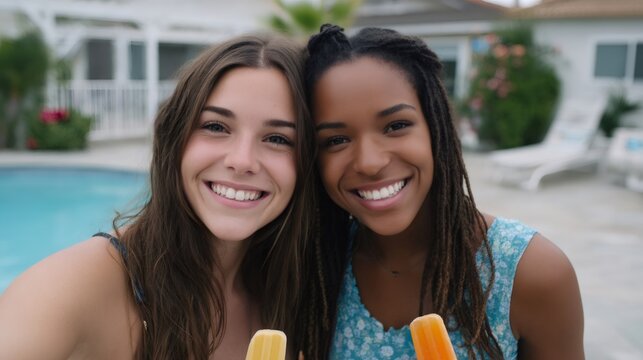 Two smiling teen girls eating ice cream by the poolside