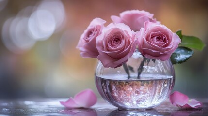 Beautiful pink roses arranged inside a clear glass vase