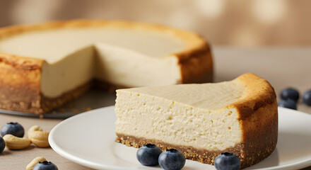 Elegant Cheesecake Presentation Featuring Blueberry and Cashew Garnish On White Plate