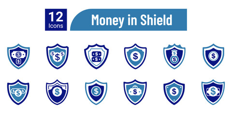 Finance banking money in a shield icon collection set
