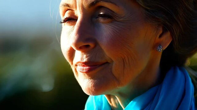 Close-up of mature woman exhaling cigar smoke in sunlight with calm expression

