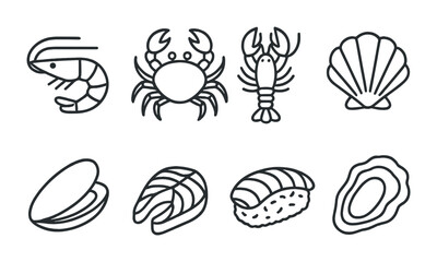 outline vector icons of seafood: shrimp, crab, lobster, clam, mussel, fish fillet, sushi, oyster. set of line style icons in a modern, minimalist design.