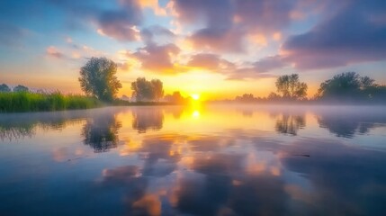 Obraz premium A beautiful sunrise over calm water with reflective imagery