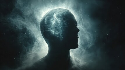 A cosmic silhouette against a dark background, symbolizing thoughts and imagination in the universe of the mind.