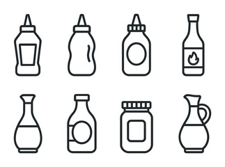 Fototapeta premium outline vector icons of home cooking essentials: stove, cutting board, saucepan, oven mitt, kitchen scale, spice rack, mixing bowl, ladle. set of line style icons in a modern, minimalist design.