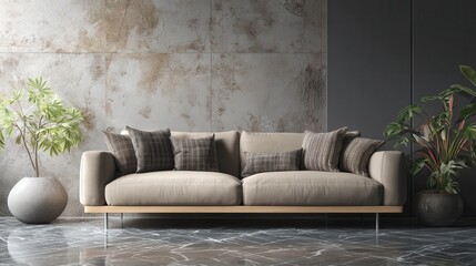 Beige sofa with patterned throw pillows sits against a textured wall in a modern living room.  Neutral tones and lush greenery create a serene atmosphere.
