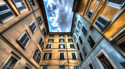 Obraz premium Colorful European City Buildings Upward View