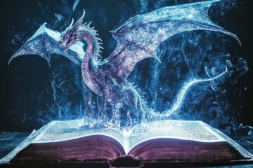 Open book with fairy dragon. The concept of fairy tale literature, fantasy, magical worlds for children and adults. © Renat