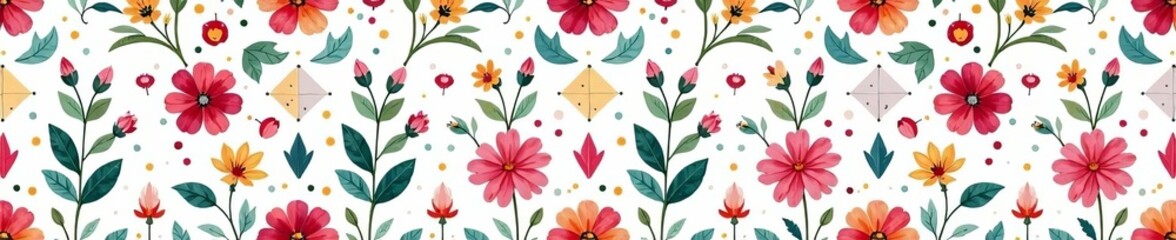 Vibrant watercolor florals and geometric shapes, seamless pattern for fabric design, colorful, fabric, seamless