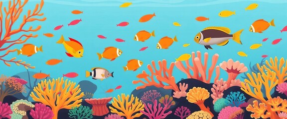 Obraz premium Vibrant Zanzibar coral reef scene with diverse fish and simple coral forms, flat vector style, flat, light blue